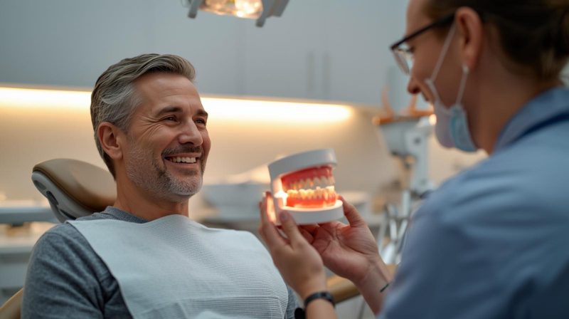 dentist explaining dental implant model